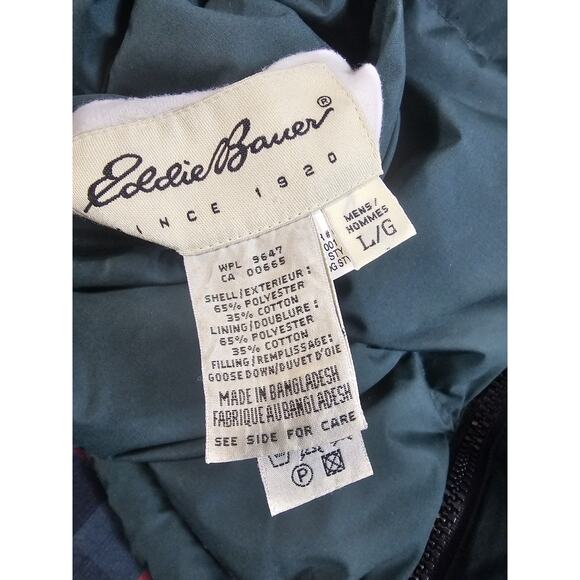 VINTAGE Eddie Bauer Vest Mens Large Green Goose Down Reversible Full Zip Plaid - Picture 9 of 9
